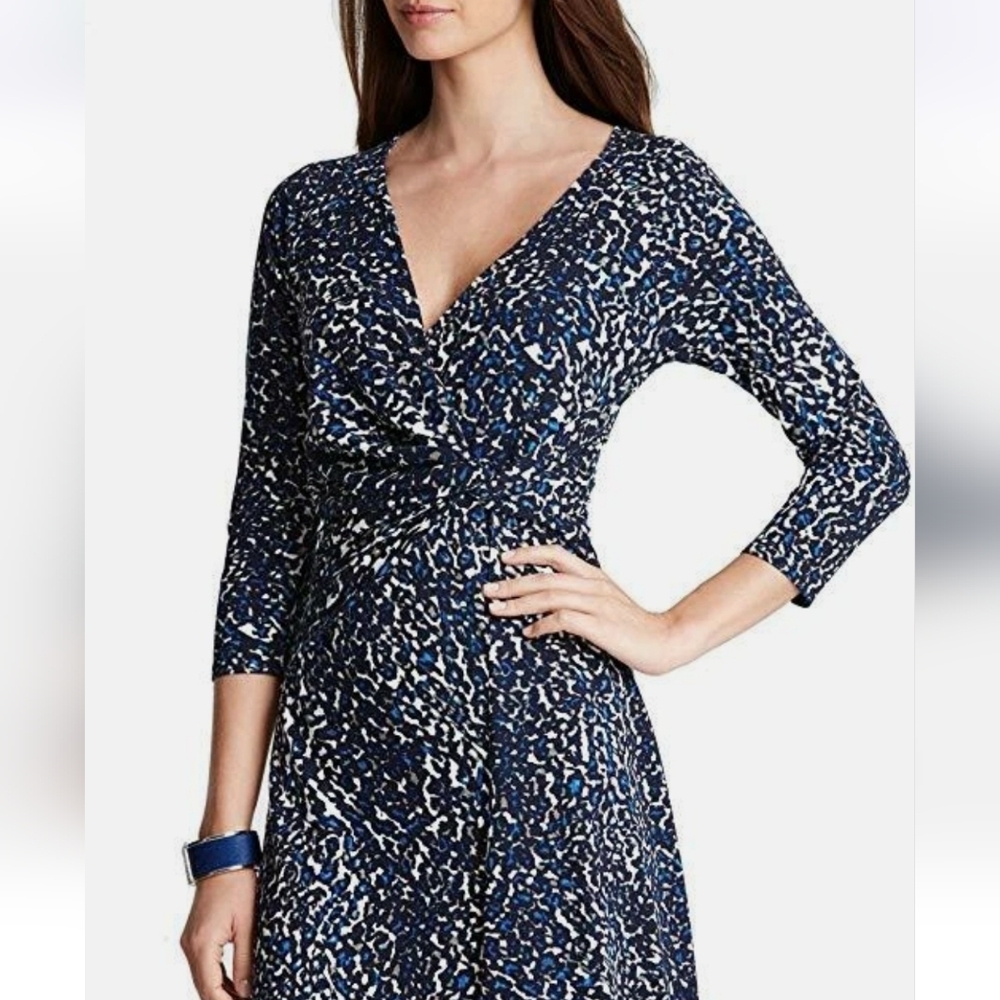 Ann Taylor Animal Print Faux Wrap Jersey Dress Medium Petite 3/4 Sleeve